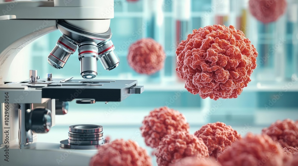 Poster a detailed view of a microscope focusing on vibrant virus cells in a modern laboratory setting, show