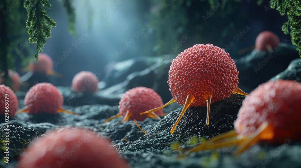Poster a captivating close-up view of vibrant microorganisms thriving in a mystical underwater environment 