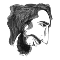 illustration of a caricature image of a man with long hair and a beard on a white background