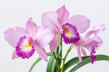 Obraz premium Pink orchid flowers with purple highlights against a white background.