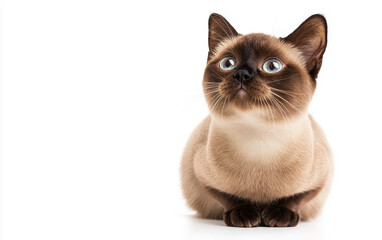 Siamese cat with striking blue eyes, sitting calmly against a white background.