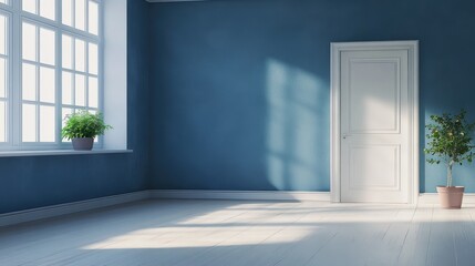 A serene room with blue walls, white door, and plants by the window casting gentle shadows.