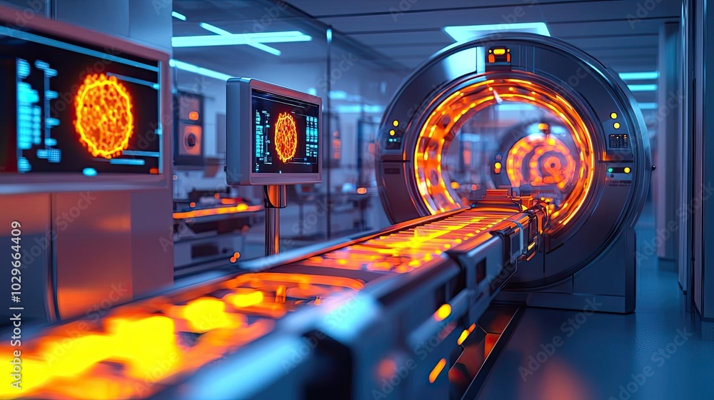 Poster futuristic lab featuring a glowing machinery with a conveyor belt and advanced screens for monitorin