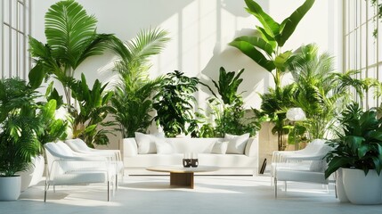 A bright, modern room filled with green tropical plants and white furniture.