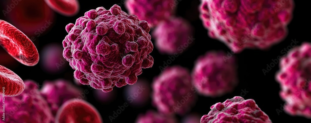 Aufkleber close-up view of vibrant pink cells amidst red blood cells, showcasing intricate biological structur