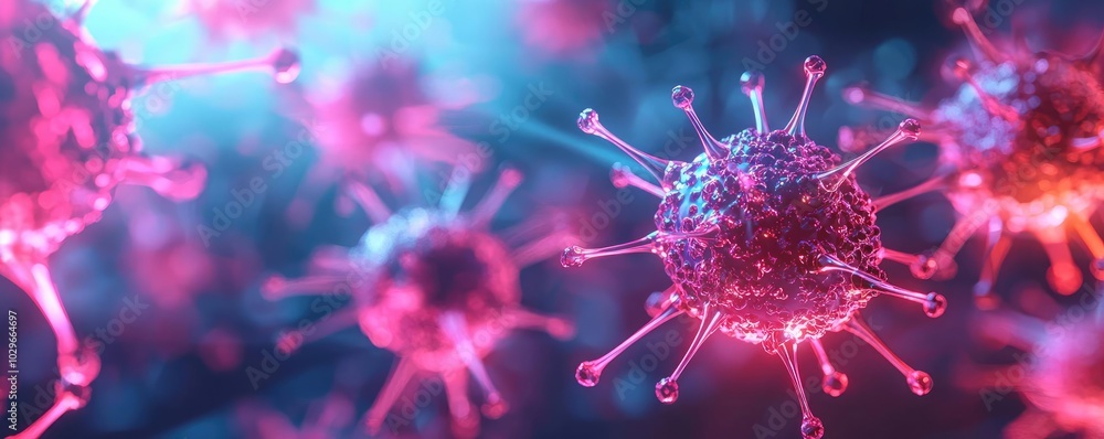 Poster close-up view of a vibrant virus in a colorful digital environment, illustrating microscopic life an