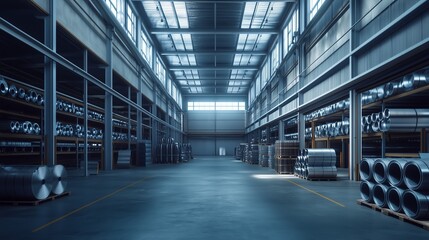 Spacious industrial warehouse interior showcasing organized metal stock on shelves during daylight hours