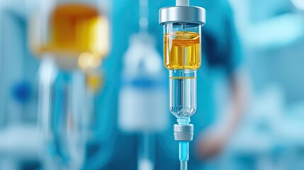 Close-up of IV drip equipment in a medical setting, showcasing a clear infusion bottle filled with liquid medication.