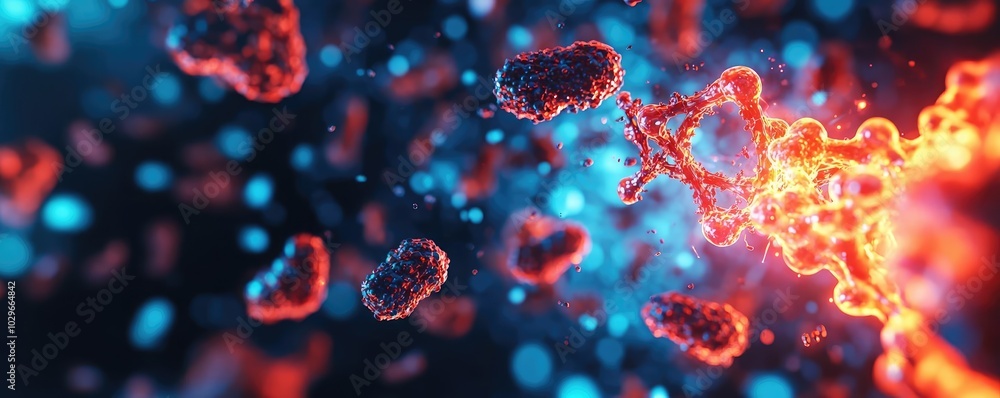 Poster vibrant representation of bacteria and dna, showcasing the complexity of microbiology in a stunning 