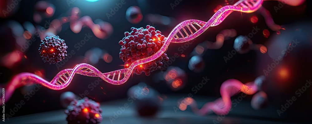 Poster a stunning visualization of dna strands interacting with molecules in a dark, vibrant environment, p
