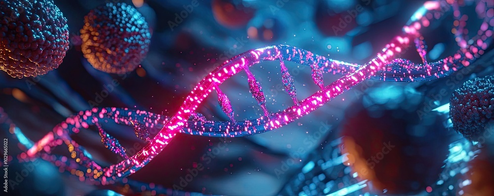 Poster colorful dna molecule structure surrounded by cells in a vibrant digital environment.