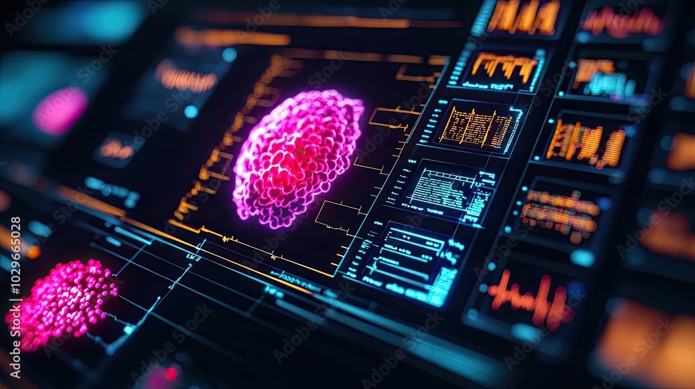 Poster Futuristic digital brain interface showcasing vibrant data visualization and analysis for neuroscience and AI technology.