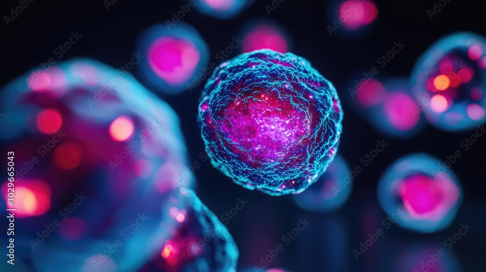 Poster Vibrant microscopic view of glowing cells with intricate details showcasing biological structure and color variation.