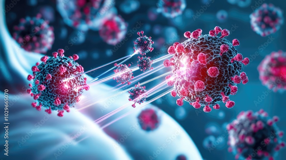 Poster A vivid illustration of viruses attacking cells, showcasing intricate details and dynamic movement in a microscopic environment.