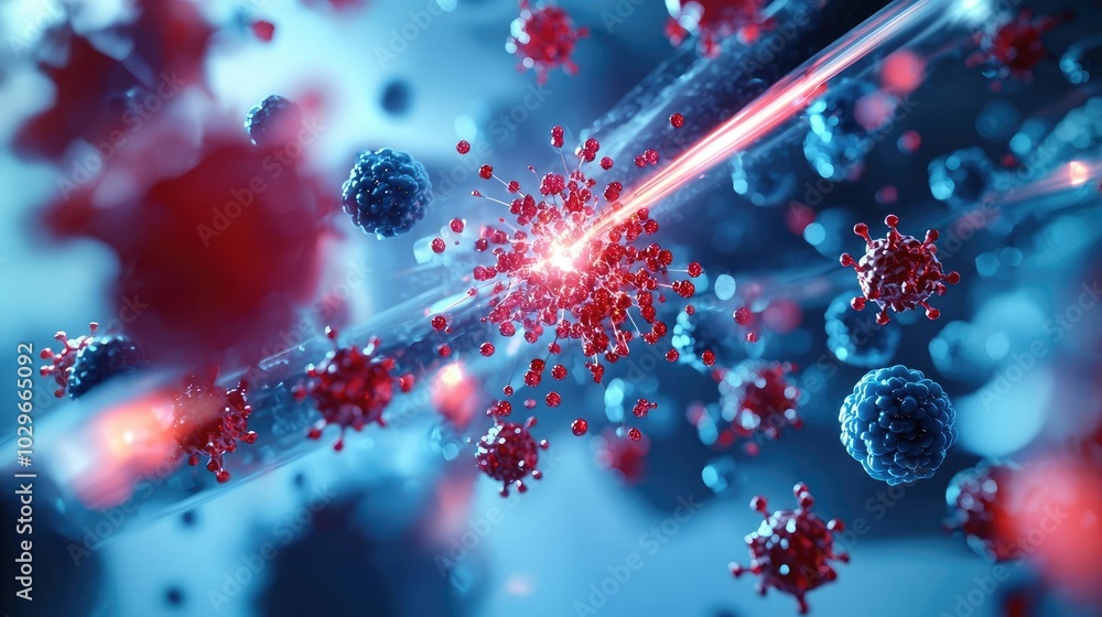 Poster Futuristic view of viruses interacting with light, showcasing a vibrant microscopic world with colorful particles and dynamic motion.