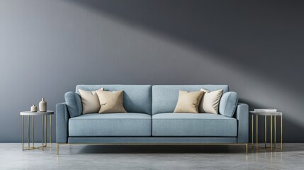 A modern living room with a blue sofa, pillows, and minimalistic decor.