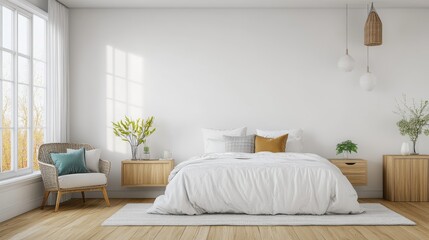 A cozy minimalist bedroom with a white bed, neutral decor, and natural light.