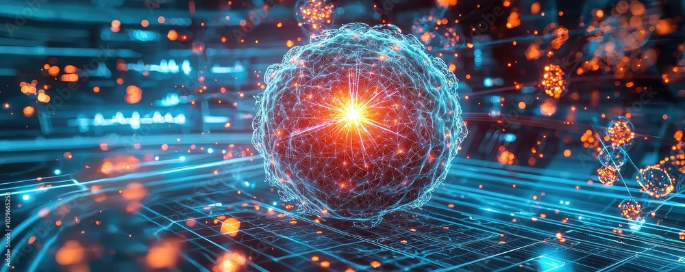 Poster futuristic illustration of a glowing atom with energetic particles, symbolizing advanced technology 