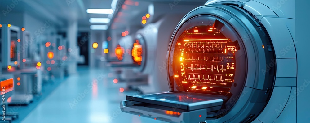 Aufkleber Futuristic lab with advanced machines and glowing elements, showcasing cutting-edge technology and innovation in a clean environment.