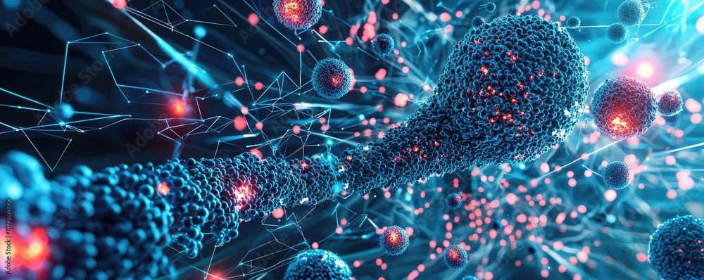 Poster Abstract representation of molecular structures in vibrant colors with a dynamic background.