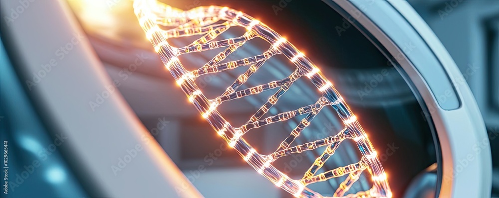Poster Futuristic DNA structure illuminated with glowing lights, representing genetic science and advanced technology in health.