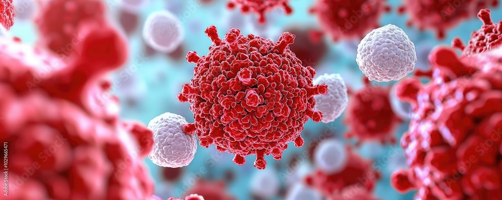 Poster close-up view of a virus cell, showcasing intricate details and textures, ideal for scientific and e
