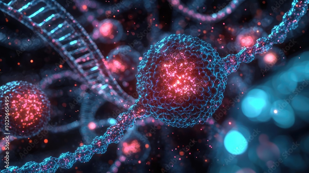 Poster Abstract representation of DNA and cells, showcasing vibrant colors and intricate structures.