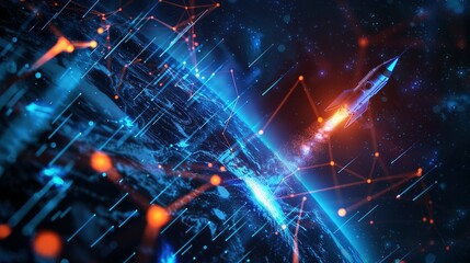 Obraz premium Rocket Launching from Earth with Digital Network Connections