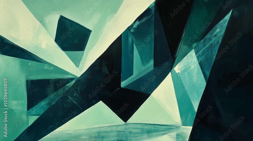 Poster abstract geometric composition in shades of green and black featuring sharp angles and dynamic shape