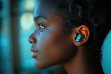 Side Profile of a Woman Wearing Wireless Earbuds, Showcasing Modern Hearing Accessibility and Inclusion