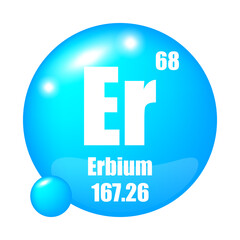 Erbium icon. Er chemical element. Atomic number 68. Mass 167.26. Blue sphere symbol.
