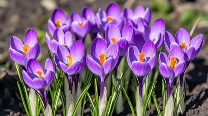 A Group of Blooming Purple Crocuses with Orange Centers