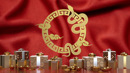 The gold snake and gift box for Chinese new year concept 3d rendering.