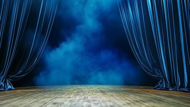 Blue velvet curtains are drawn back to reveal a wooden stage with smoke in the background