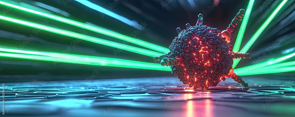 Poster colorful representation of a virus with laser beams in the background.