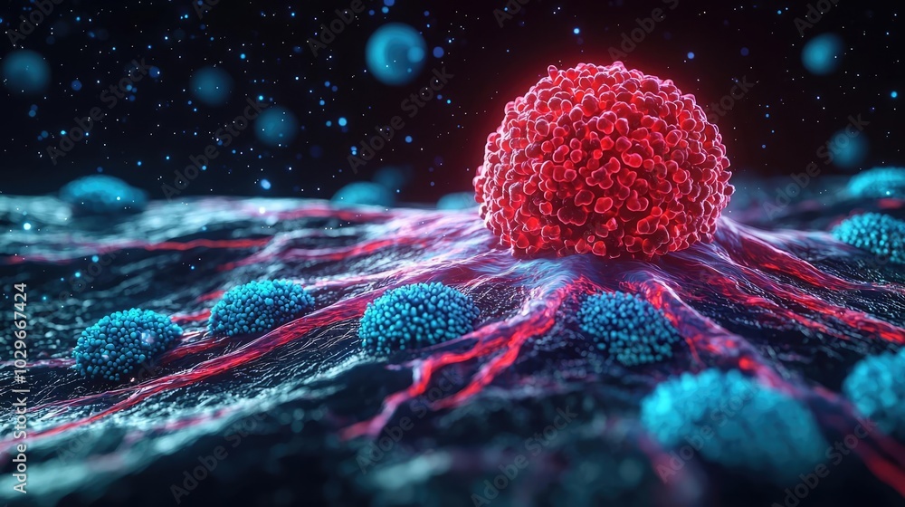 Aufkleber microscopic view of a cancer cell interacting with surrounding cells.