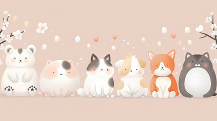 Naklejka premium A group of cute cats are sitting in a row on a pink background