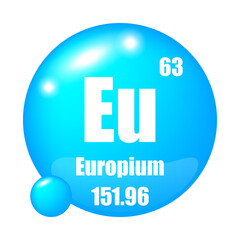 Eu icon. Europium element. Atomic number 63. Mass 151.96. Blue sphere background. Vector symbol.