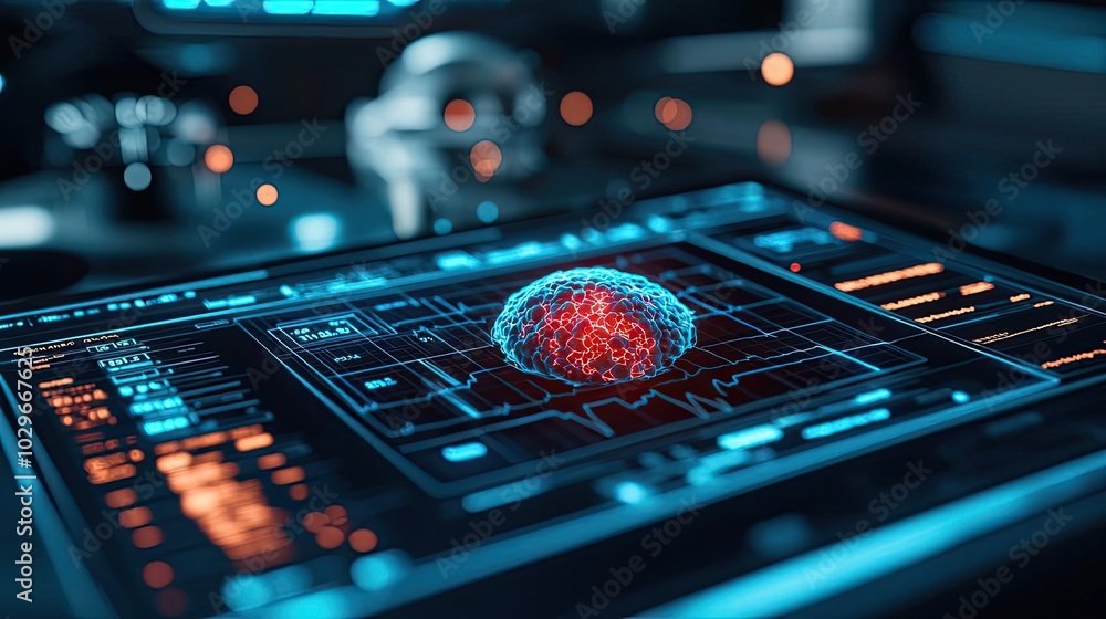 Poster Futuristic holographic display with data visualization on a modern device.