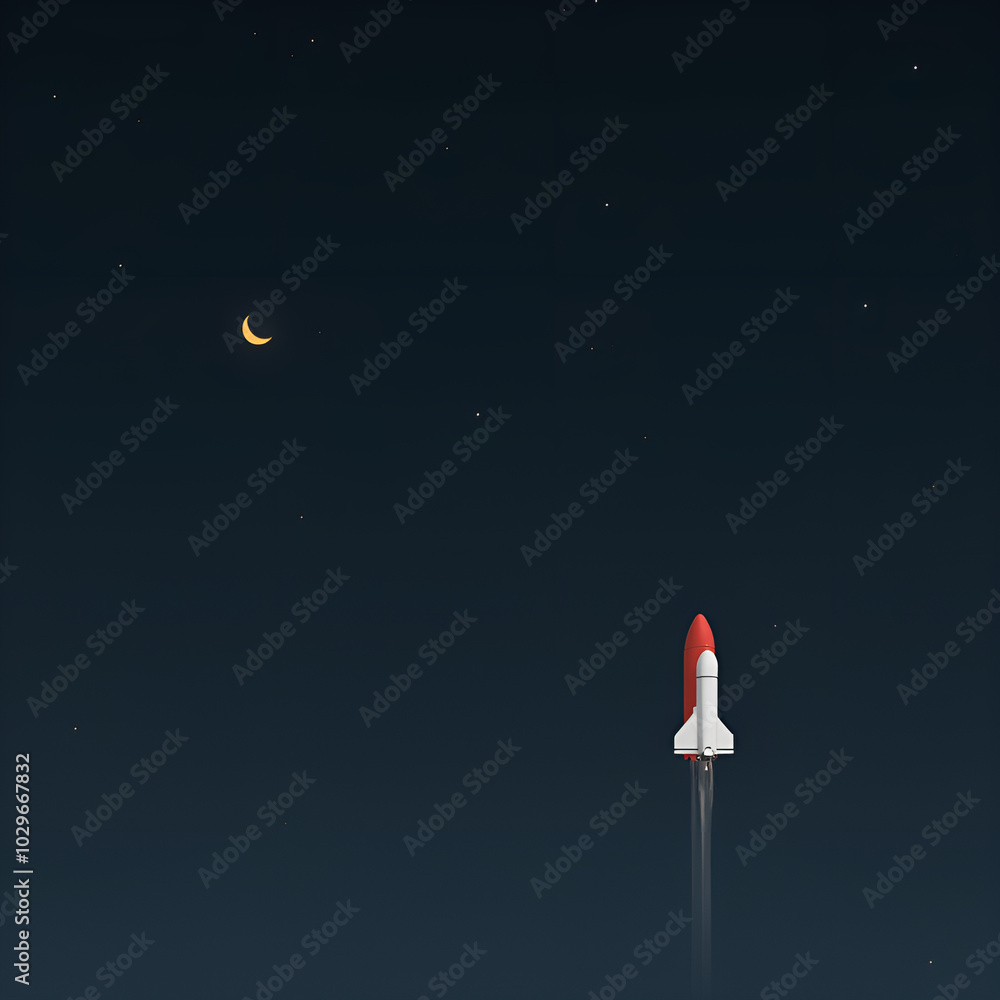 Poster minimalist style a spacecraft flying into space and moon background. generative ai