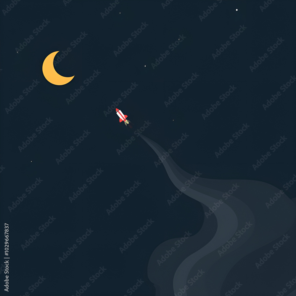 Poster minimalist style a spacecraft flying into space and moon background. generative ai