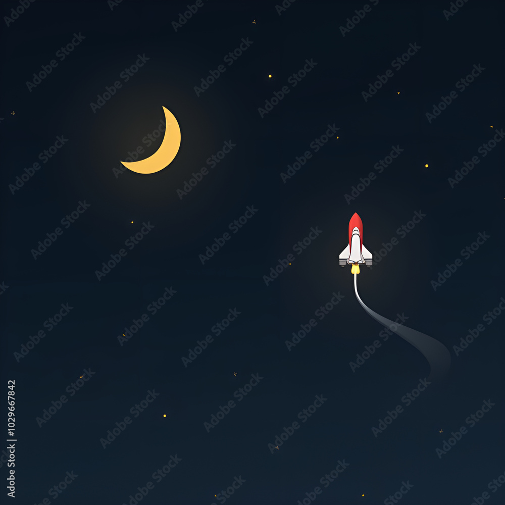 Poster minimalist style a spacecraft flying into space and moon background. generative ai