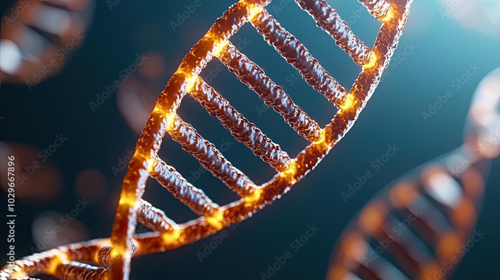 Poster close-up of glowing dna strand, showcasing intricate biological structures.