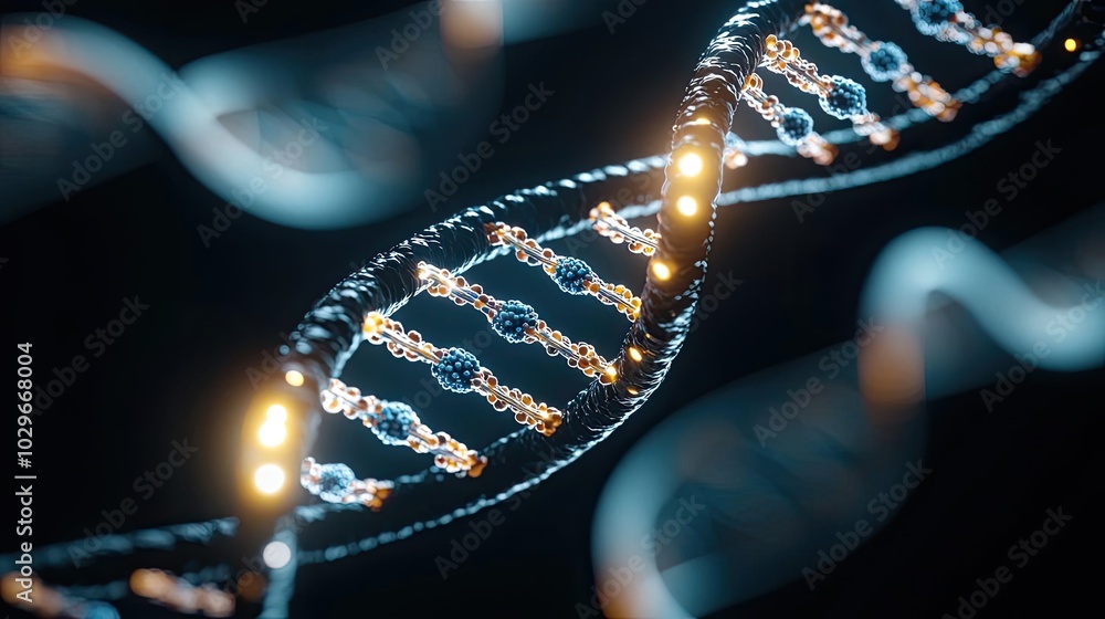 Poster Close-up of a DNA double helix structure glowing against a dark background.