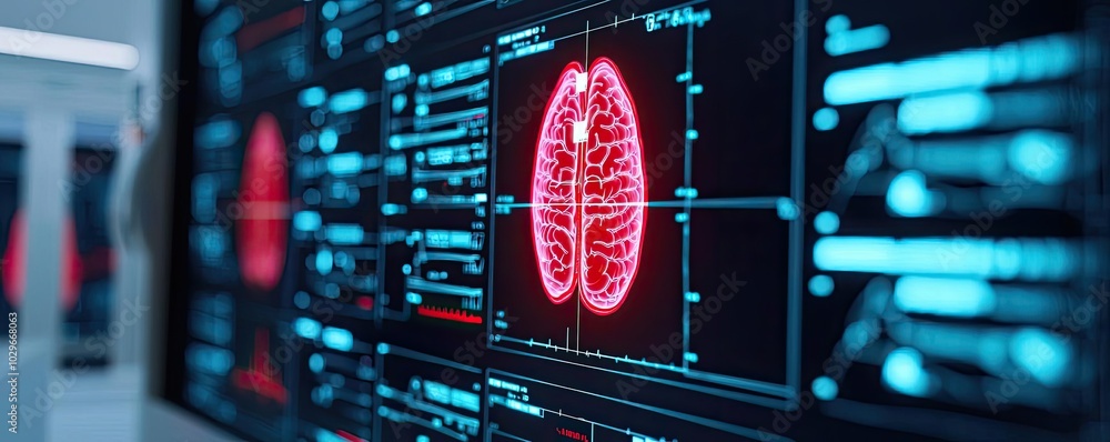 Aufkleber Close-up view of a digital brain scan on a high-tech monitor.