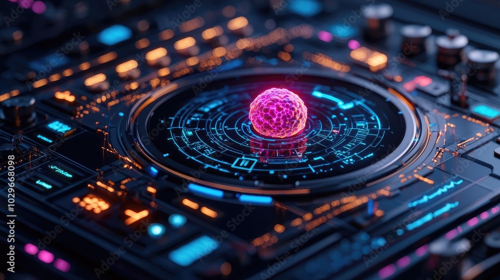 Aufkleber Futuristic digital interface with glowing elements and 3D sphere.
