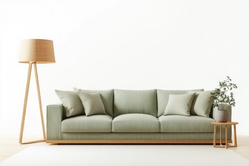 A minimalist living room with a pastel green sofa, a wooden floor lamp, and a small side table with a plant.