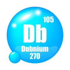Dubnium icon. Db chemical element. Atomic number 105. Mass 270. Blue sphere design.