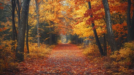 Fototapeta premium Autumn Pathway Through Vibrant Forest Leaves