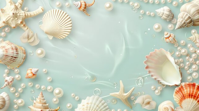 A blue background with a variety of shells and pearls